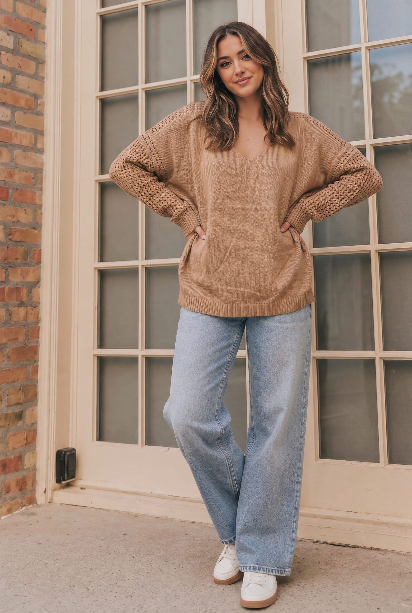 Cozy Caramel V-Neck Sweater with Crochet Sleeves