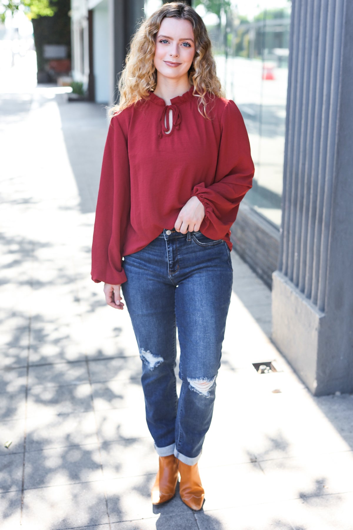 Feeling Femme Off Burgundy Frilled Edge V Neck Tie Top