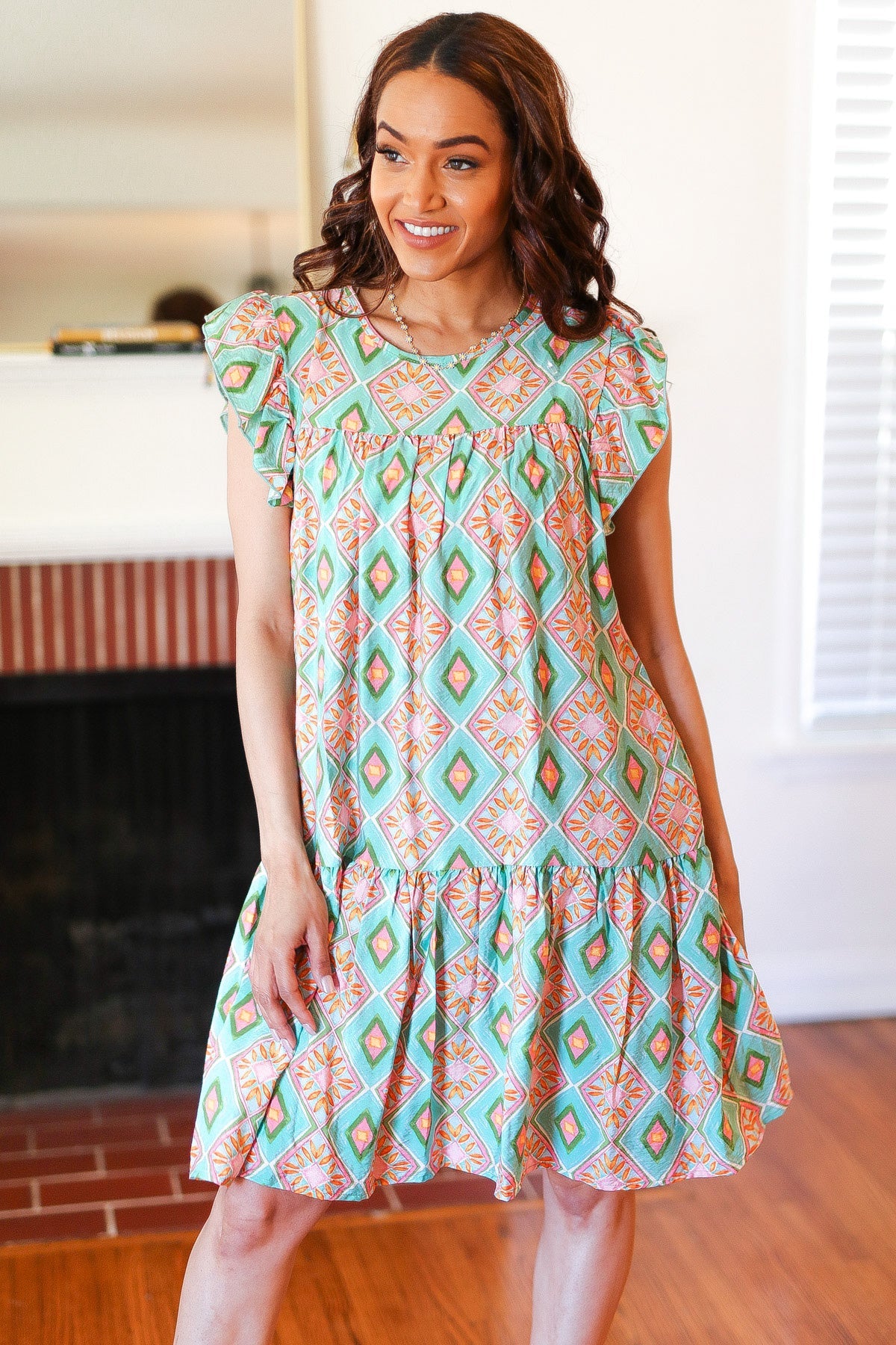 Mint Geo Boho Print Yoke Poplin Woven Dress