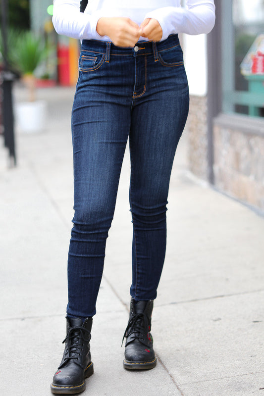 Can't Lose Dark Blue Denim Raw Hem Mid Rise Jeans