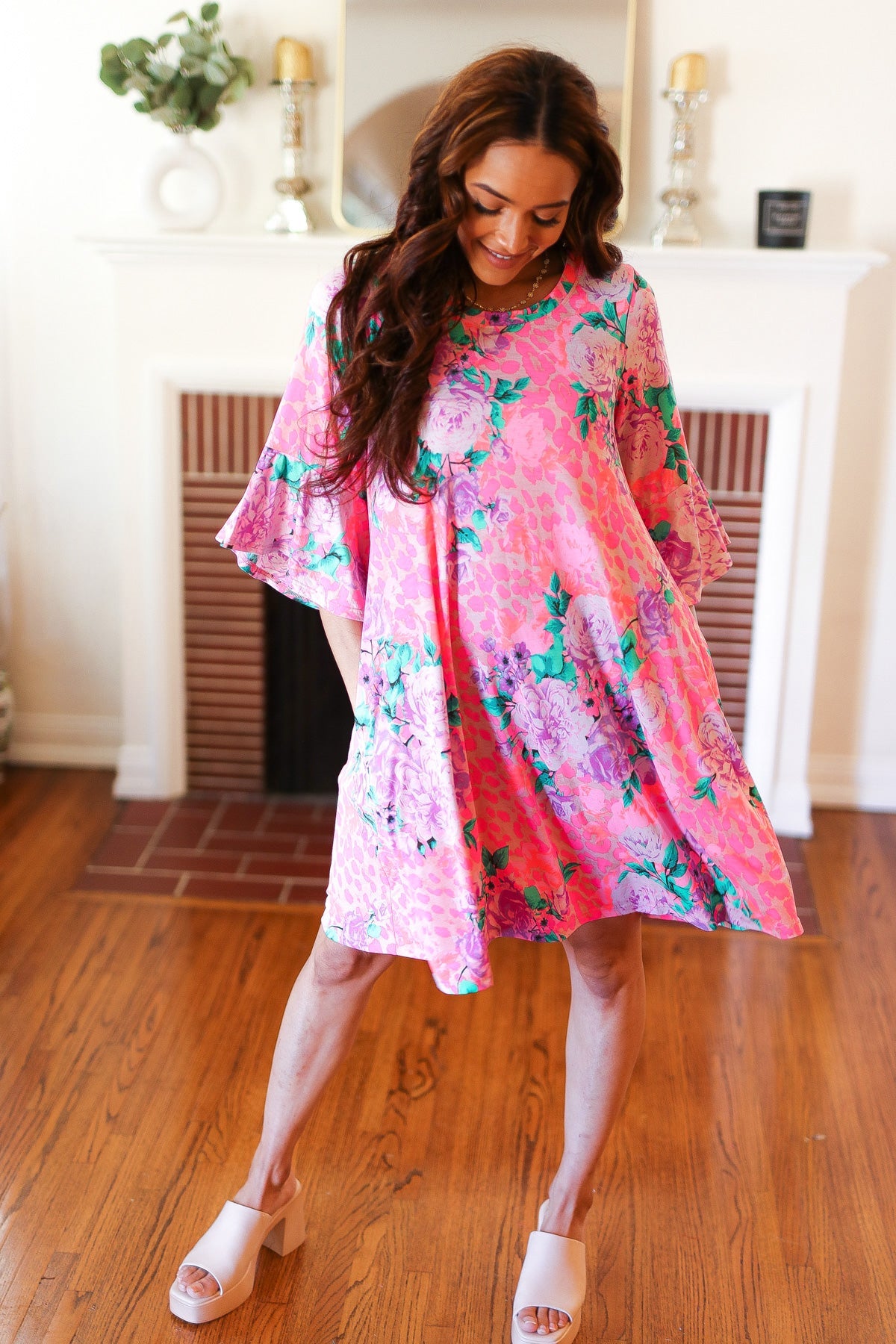 Pink Floral & Animal Print Bell Sleeve Dress