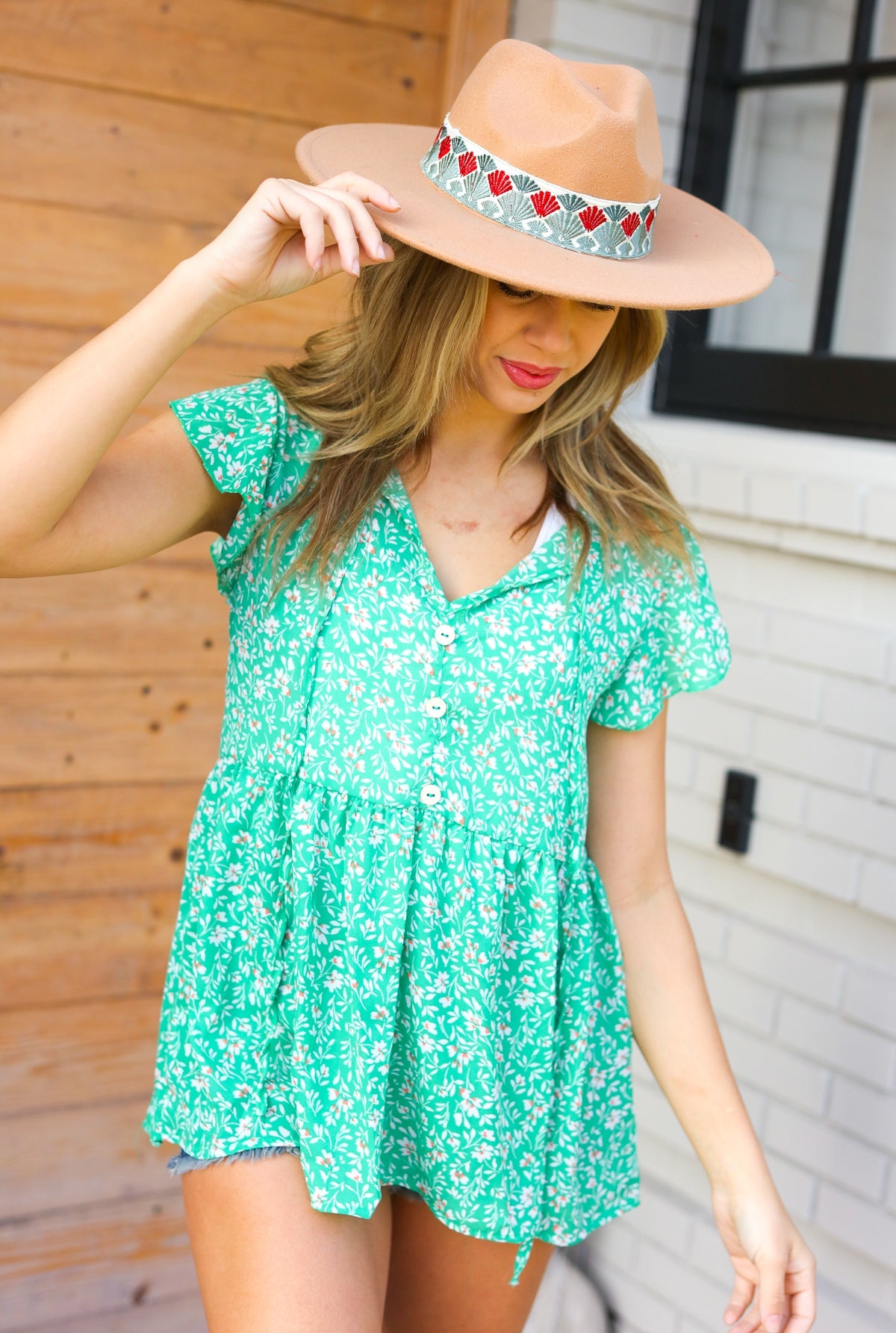 Green Floral Button Tie Neck Babydoll Top