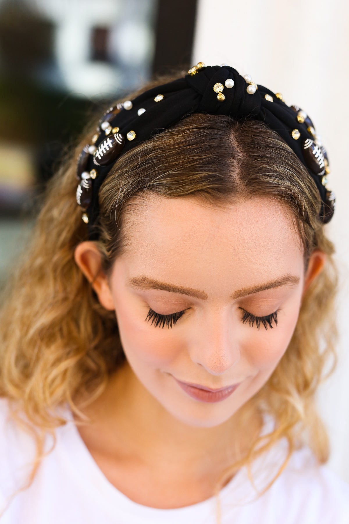 Black Stone & Gem Football Embellished Top Knot Headband