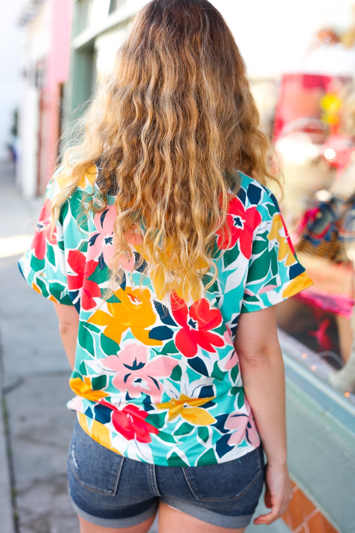 Teal & Coral Flat Floral V Neck Top