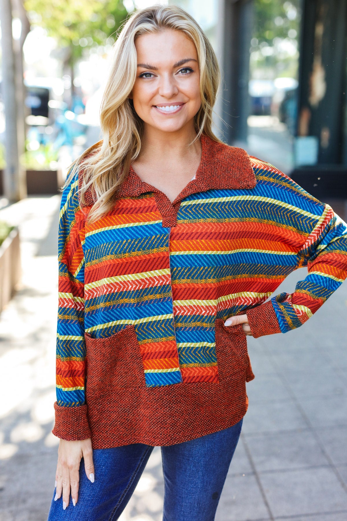 Casual Living Rust & Teal Striped Two Tone Knit Pocketed Top