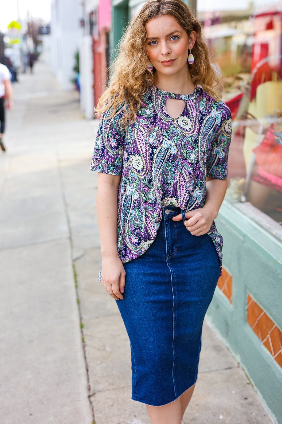 Bold & Sassy Navy Floral Paisley Front Keyhole Tunic Top