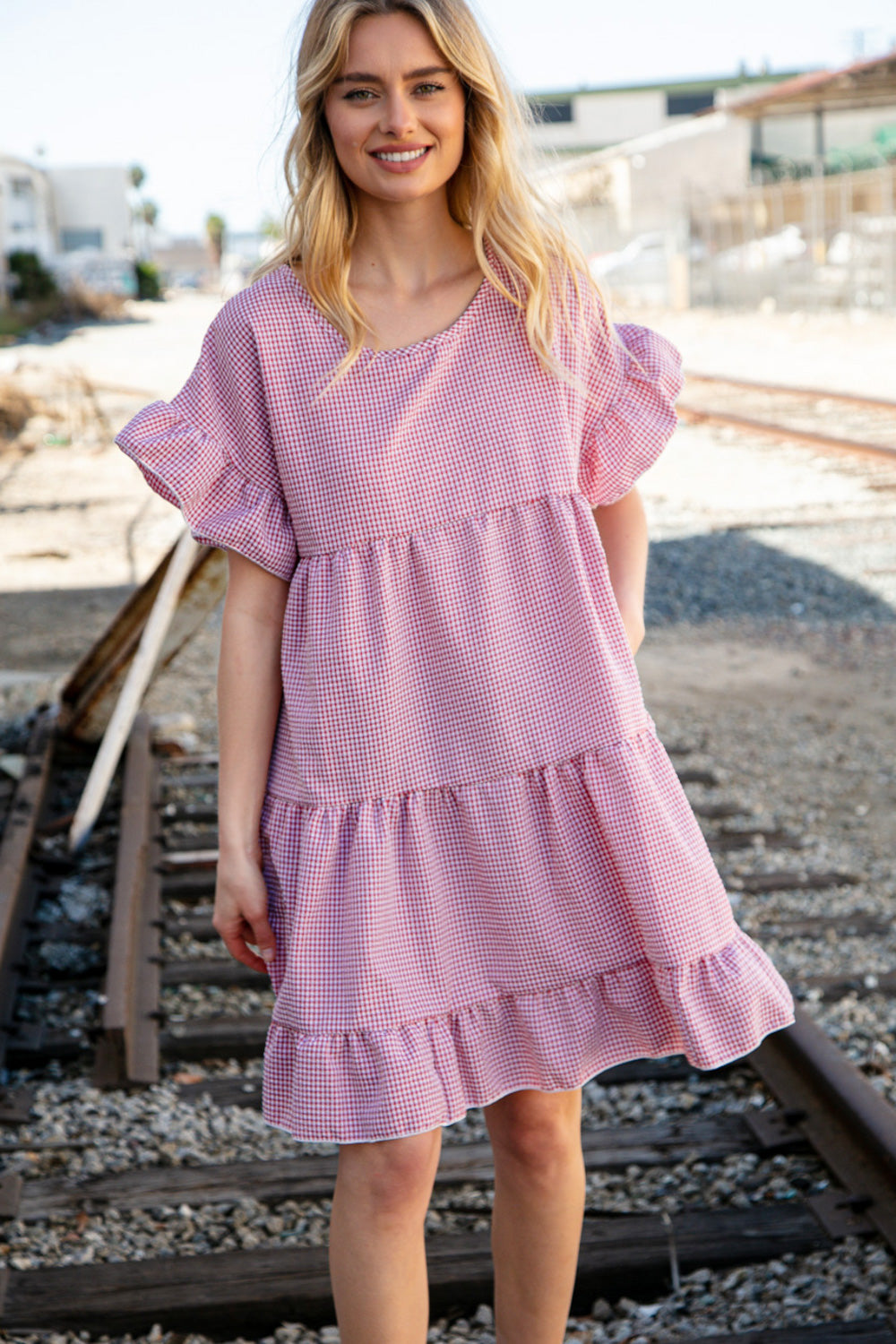 Red Ruffle Tiered Gingham Cotton Pocketed Dress