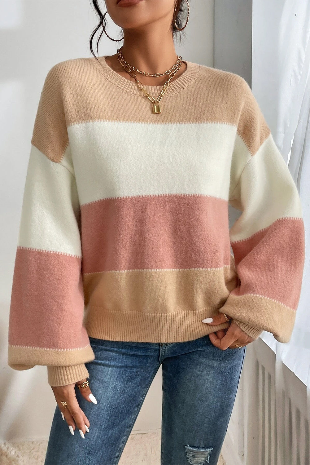 Dusty Pink Color Block Lantern Sleeve Drop Shoulder Sweater