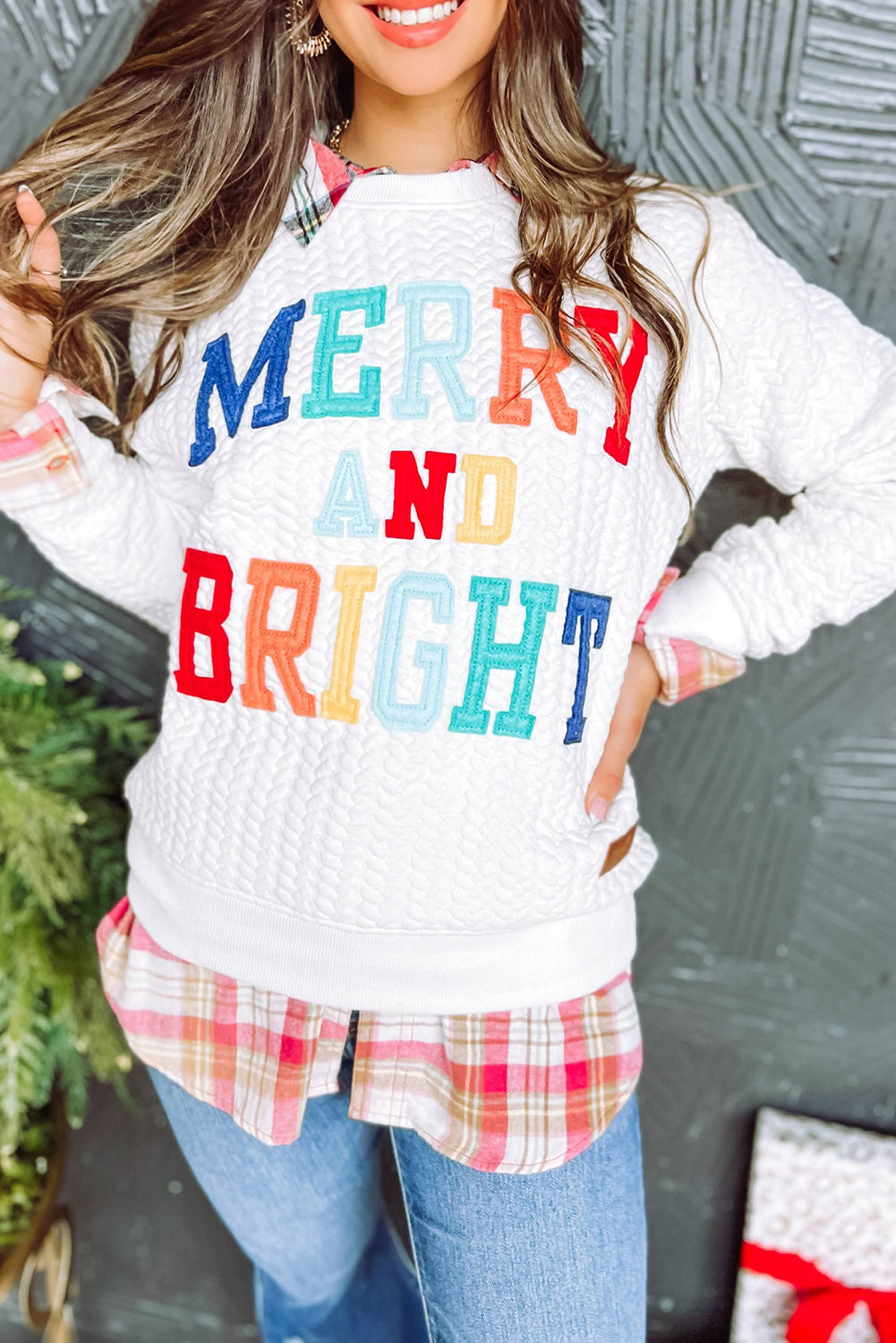 White Merry and Bright Quilted Sweatshirt