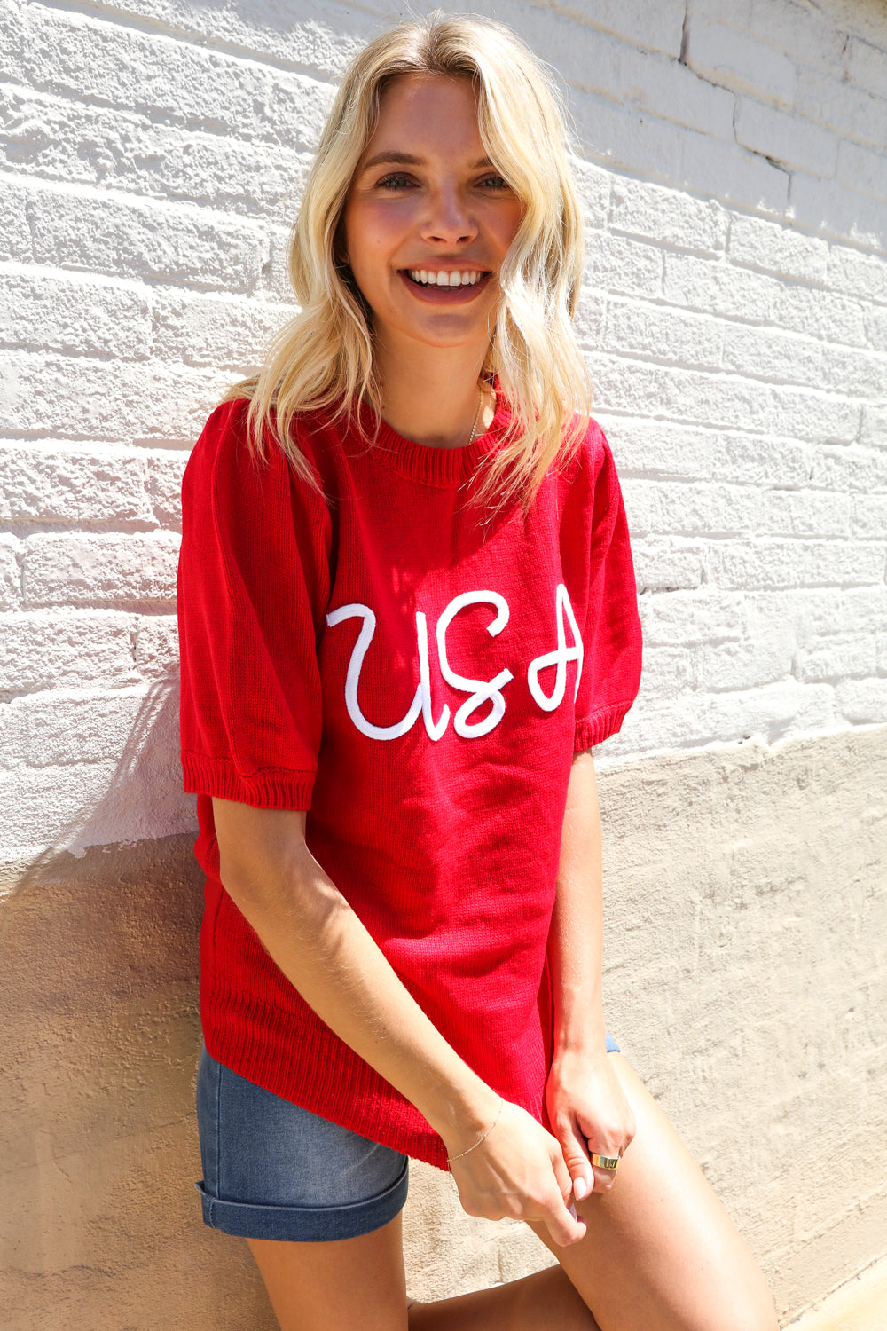 Patriotic USA Red Knit Embroidery Puff Sleeve Sweater Top