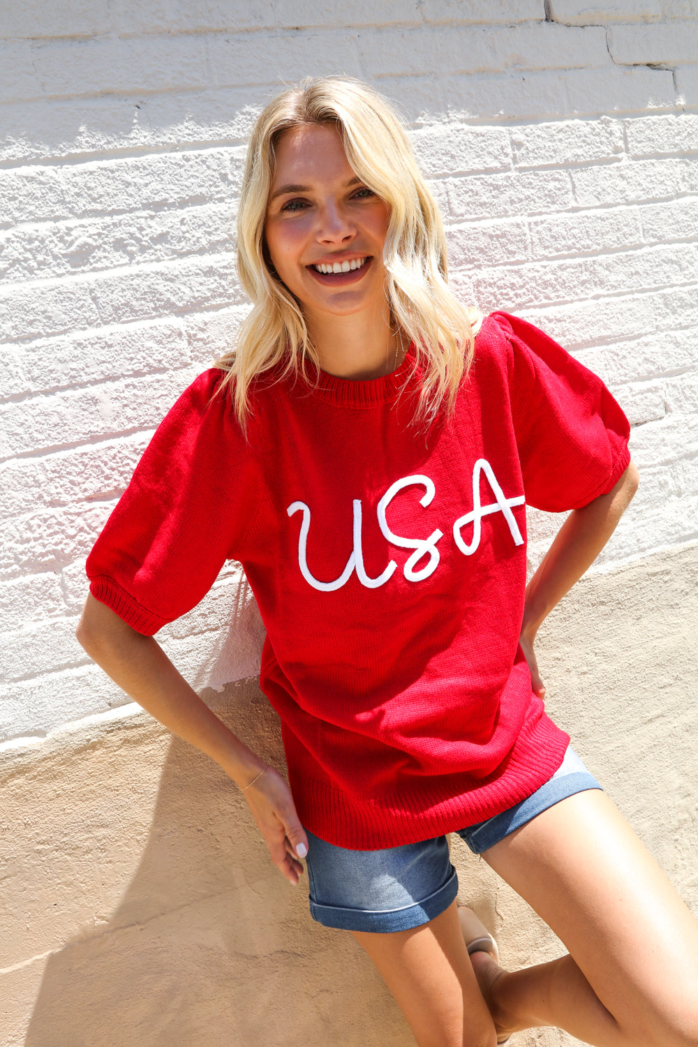 Patriotic USA Red Knit Embroidery Puff Sleeve Sweater Top