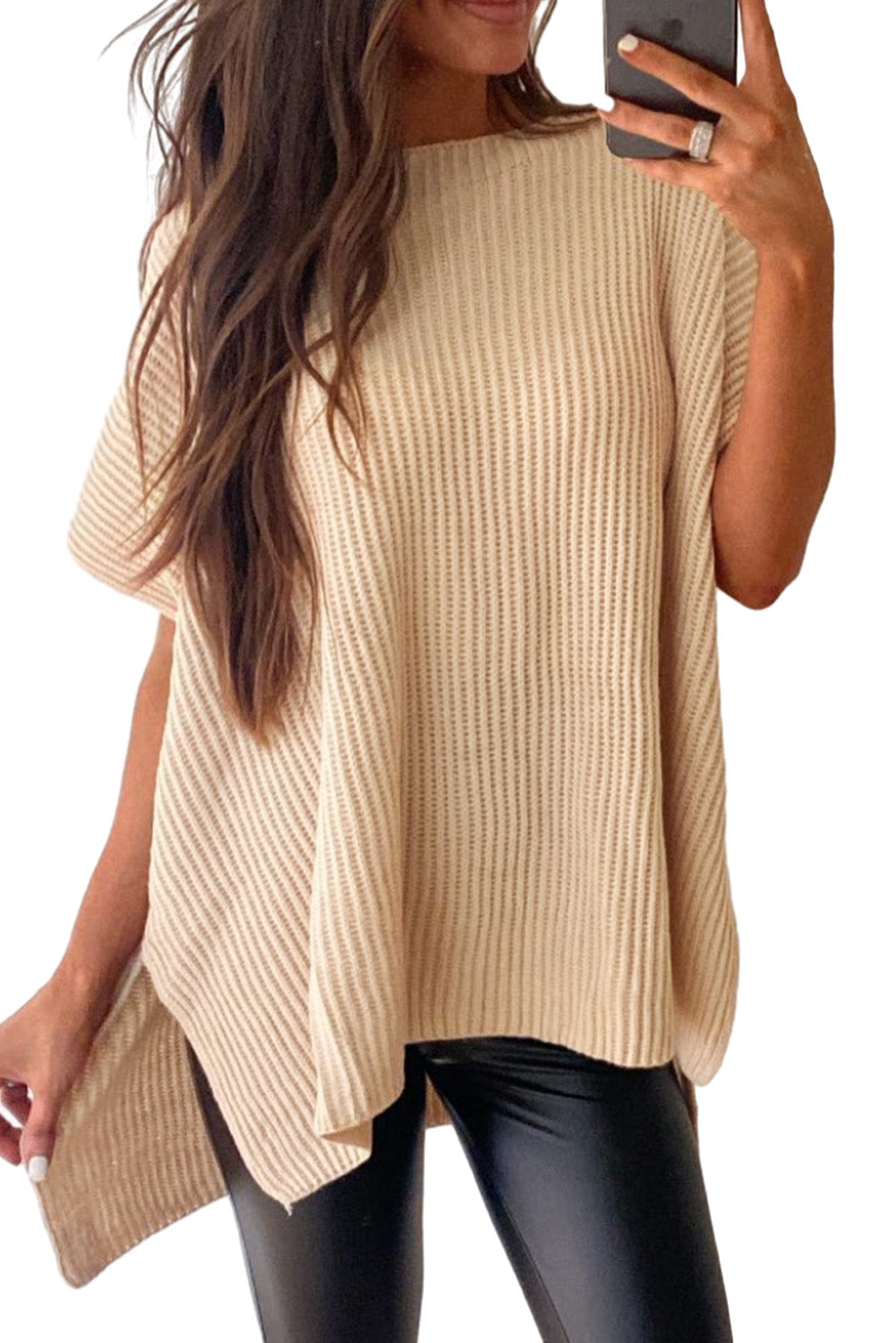 Apricot Side Slit Short Sleeve Oversized Sweater