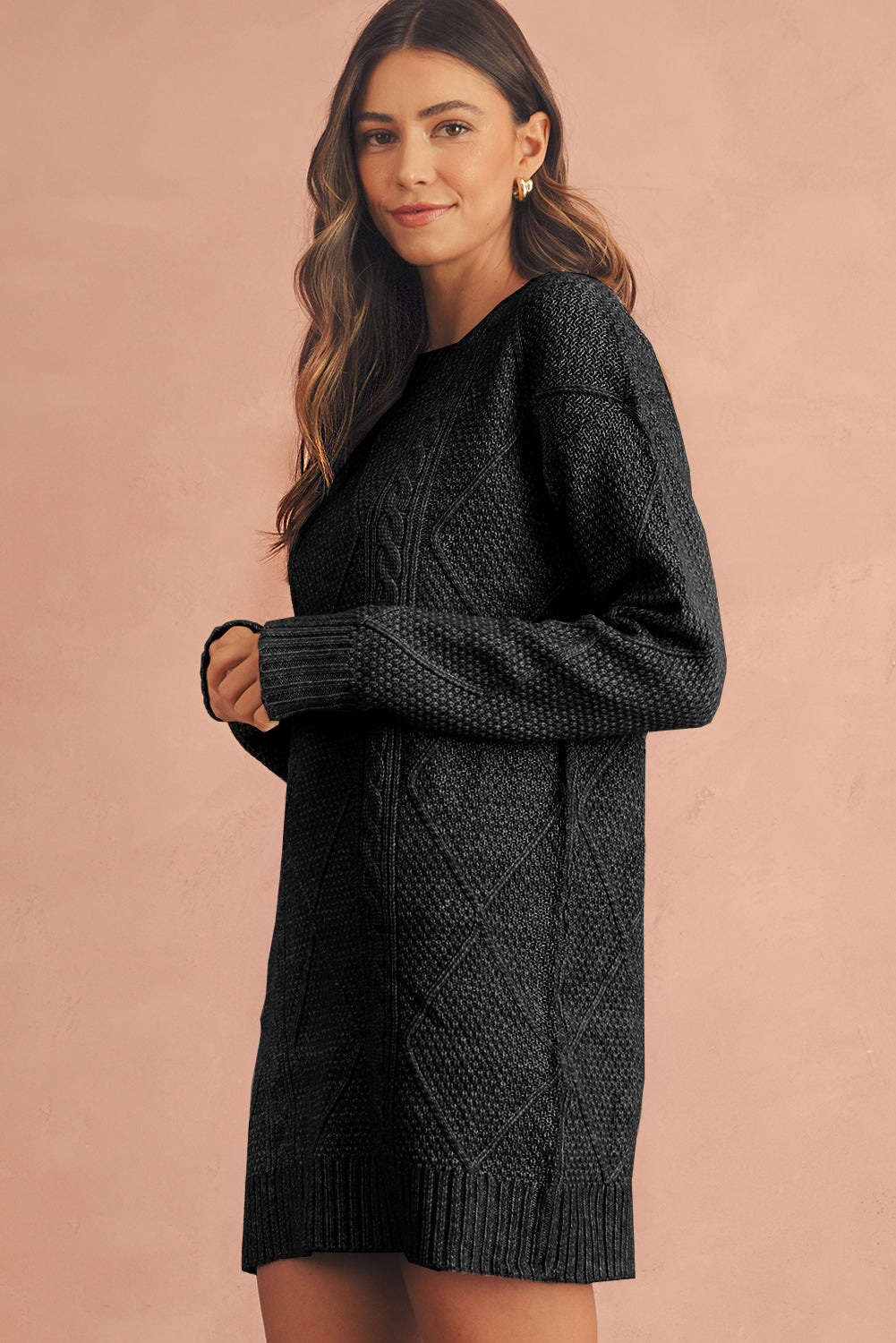 Black Twist Cable Knit Drop Shoulder Loose Fit Sweater Dress