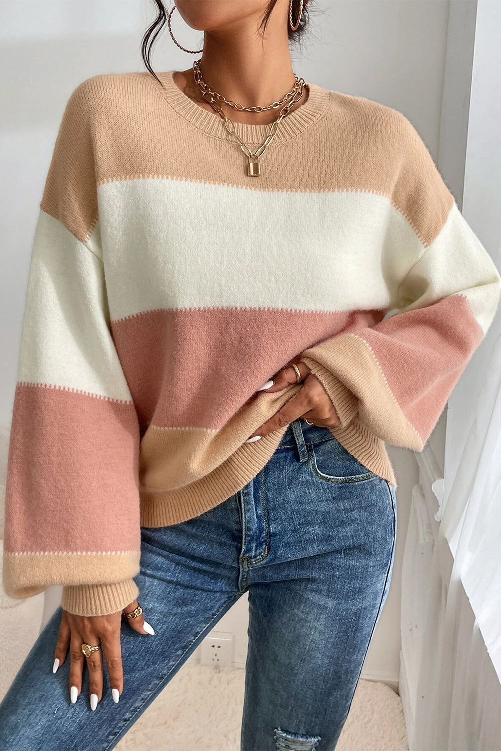 Dusty Pink Color Block Lantern Sleeve Drop Shoulder Sweater