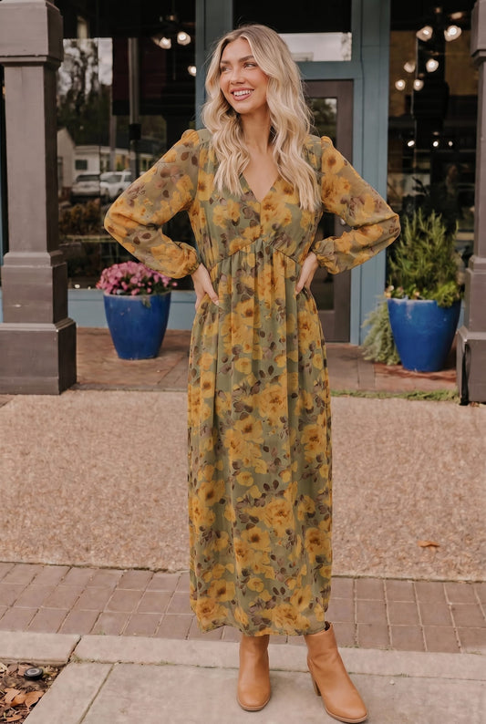 Golden Blooms Floral Maxi Dress