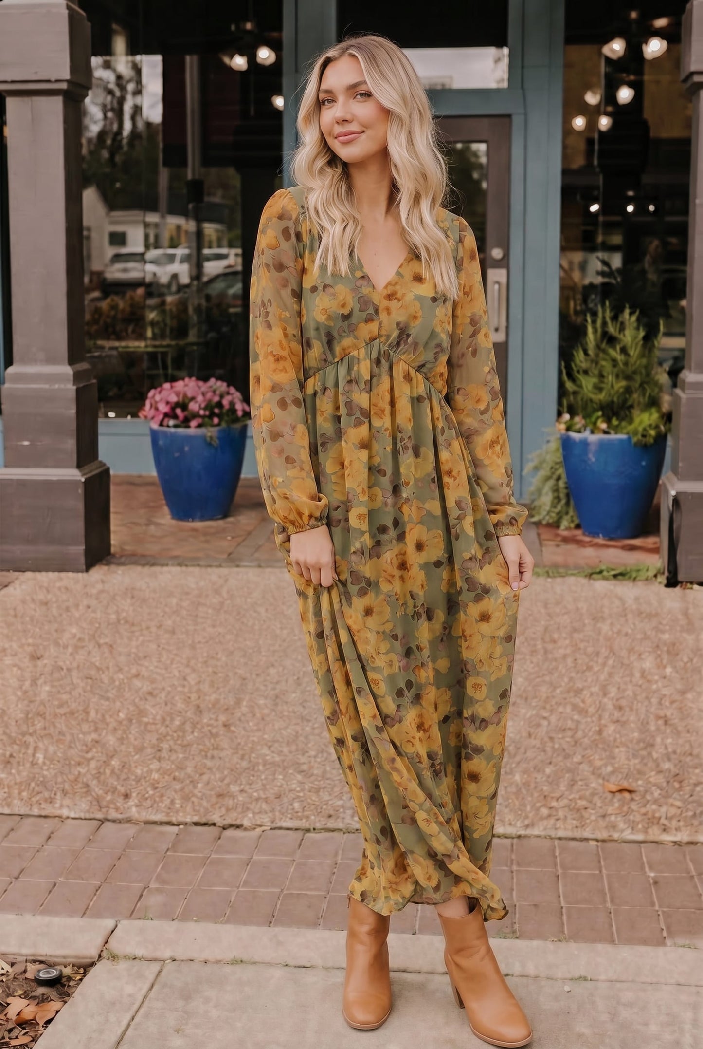 Golden Blooms Floral Maxi Dress
