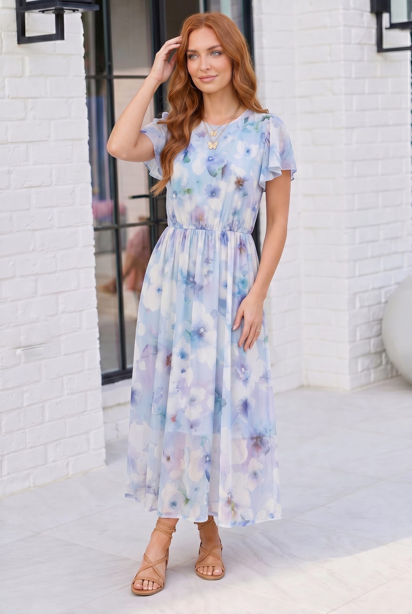 Watercolor Garden Flutter Sleeve Midi Dress
