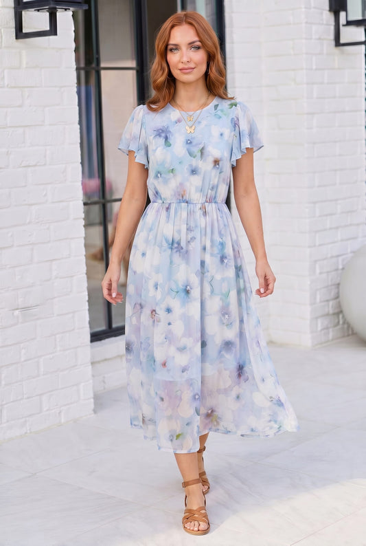 Watercolor Garden Flutter Sleeve Midi Dress