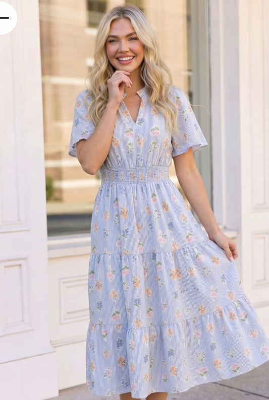 Flutter Into Late Summer Sweet Striped Floral Midi