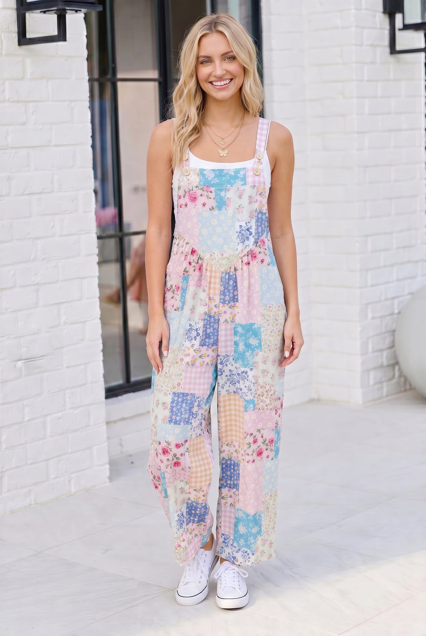 Pastel Patchwork Floral Wide Leg Overalls