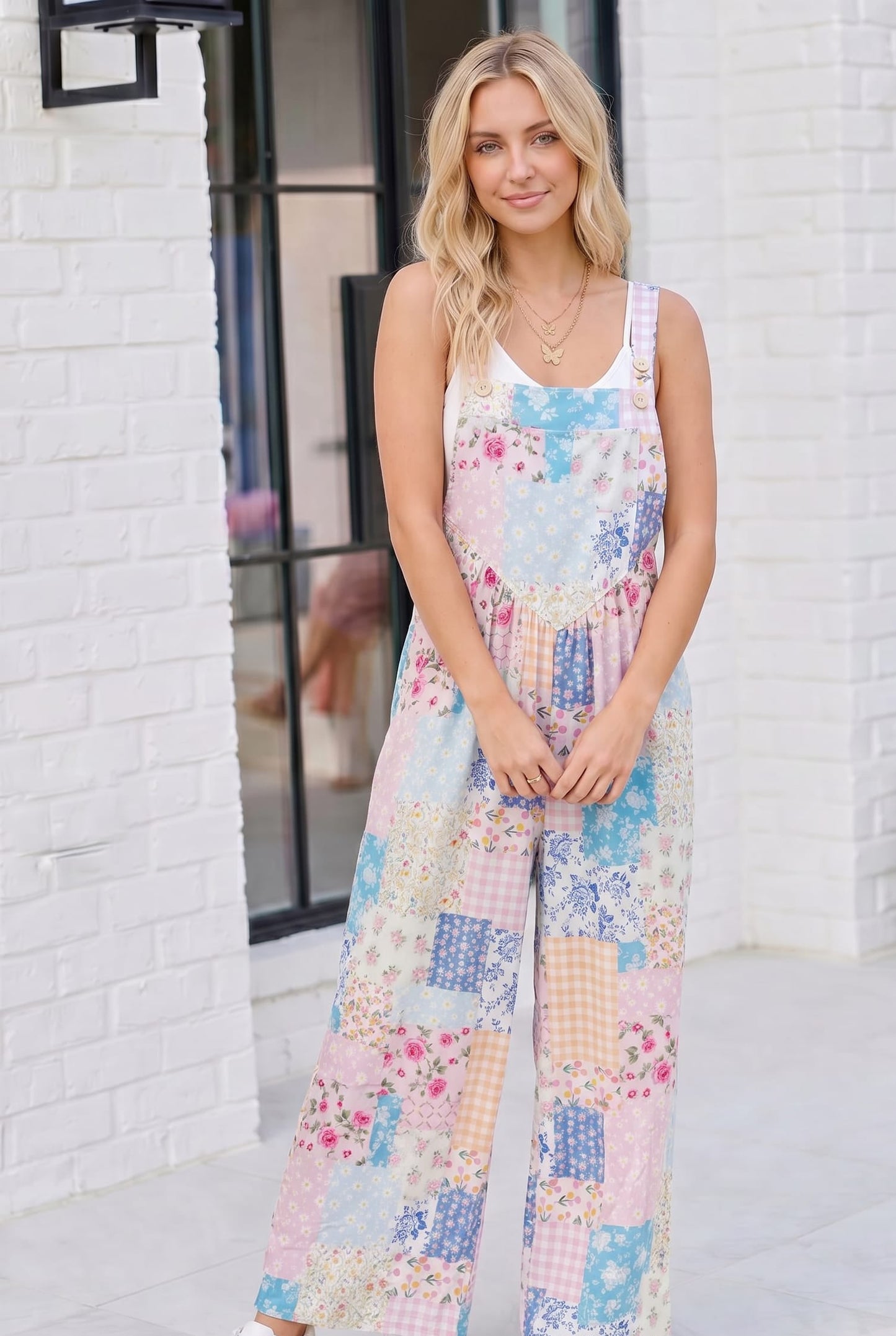 Pastel Patchwork Floral Wide Leg Overalls
