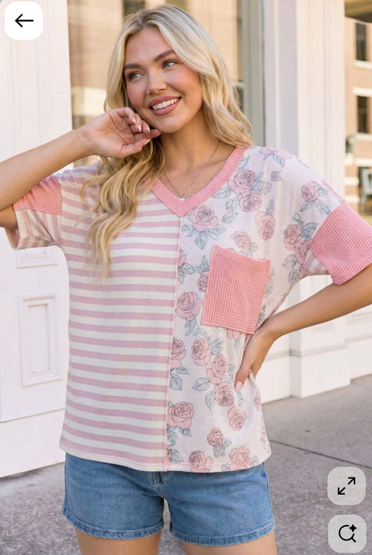 So Rosy Mixed Print V-Neck Top