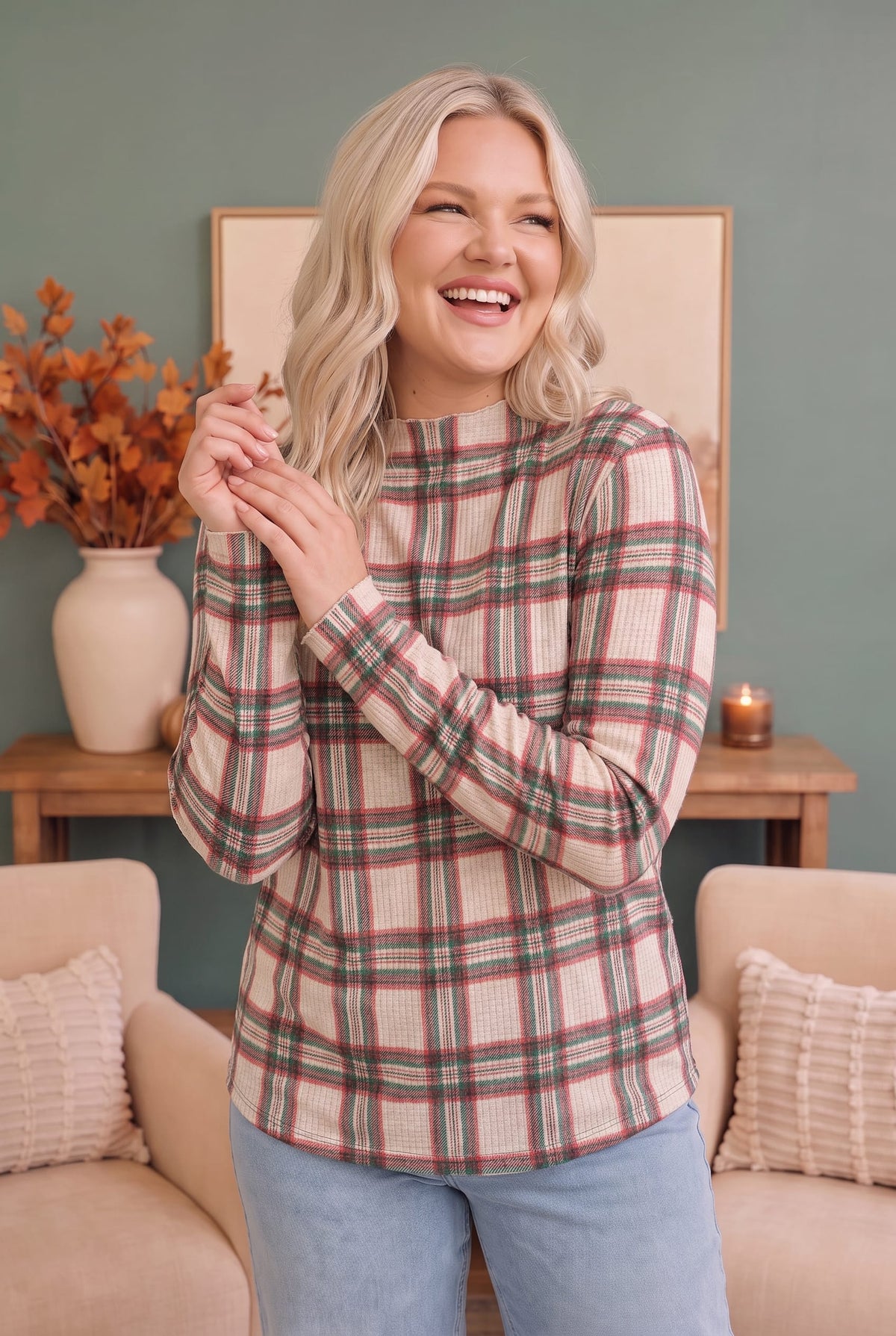 Plaid About You Mock Neck in Ivory