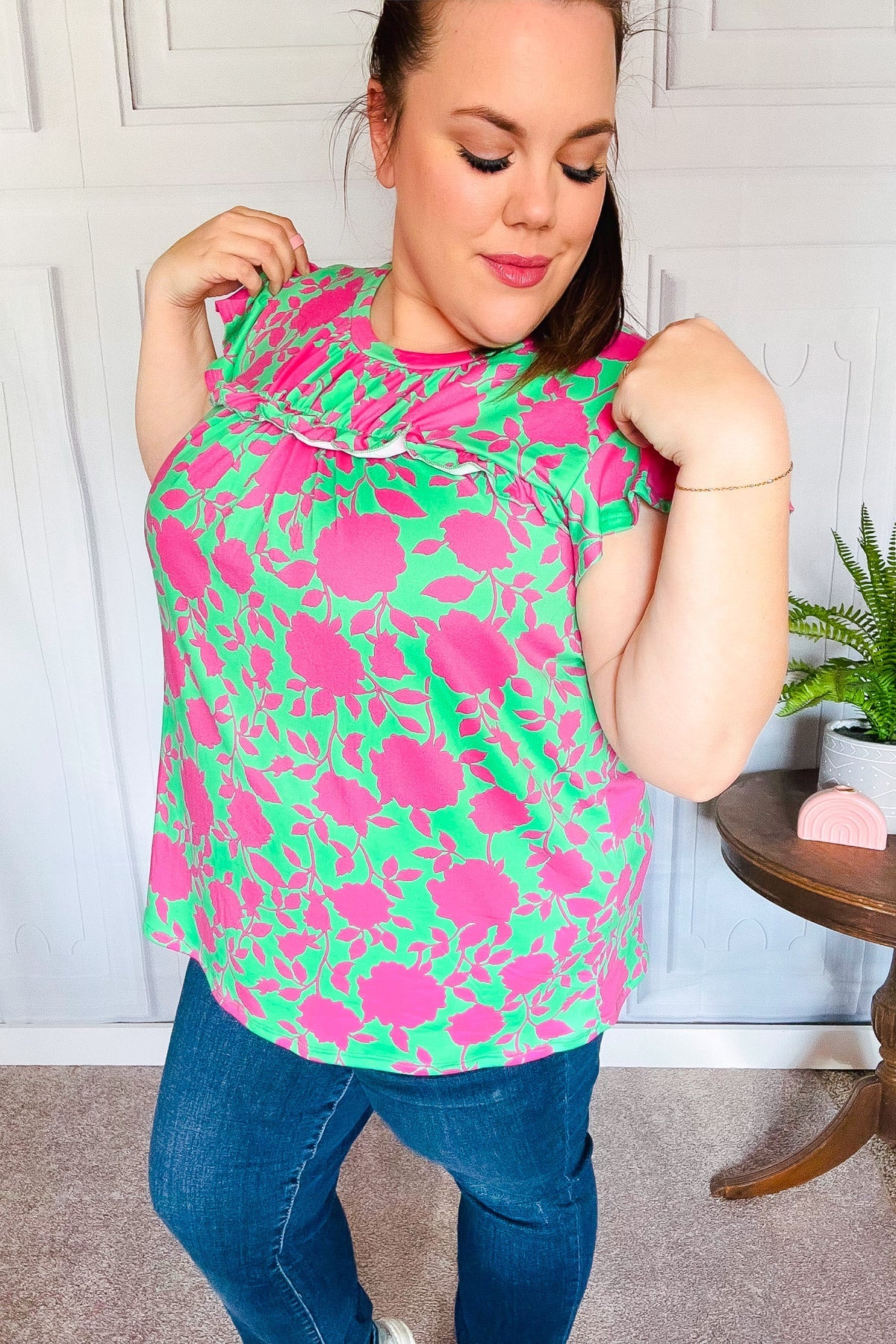 Sassy Green & Fuchsia Floral Ruffle Short Sleeve Yoke Top