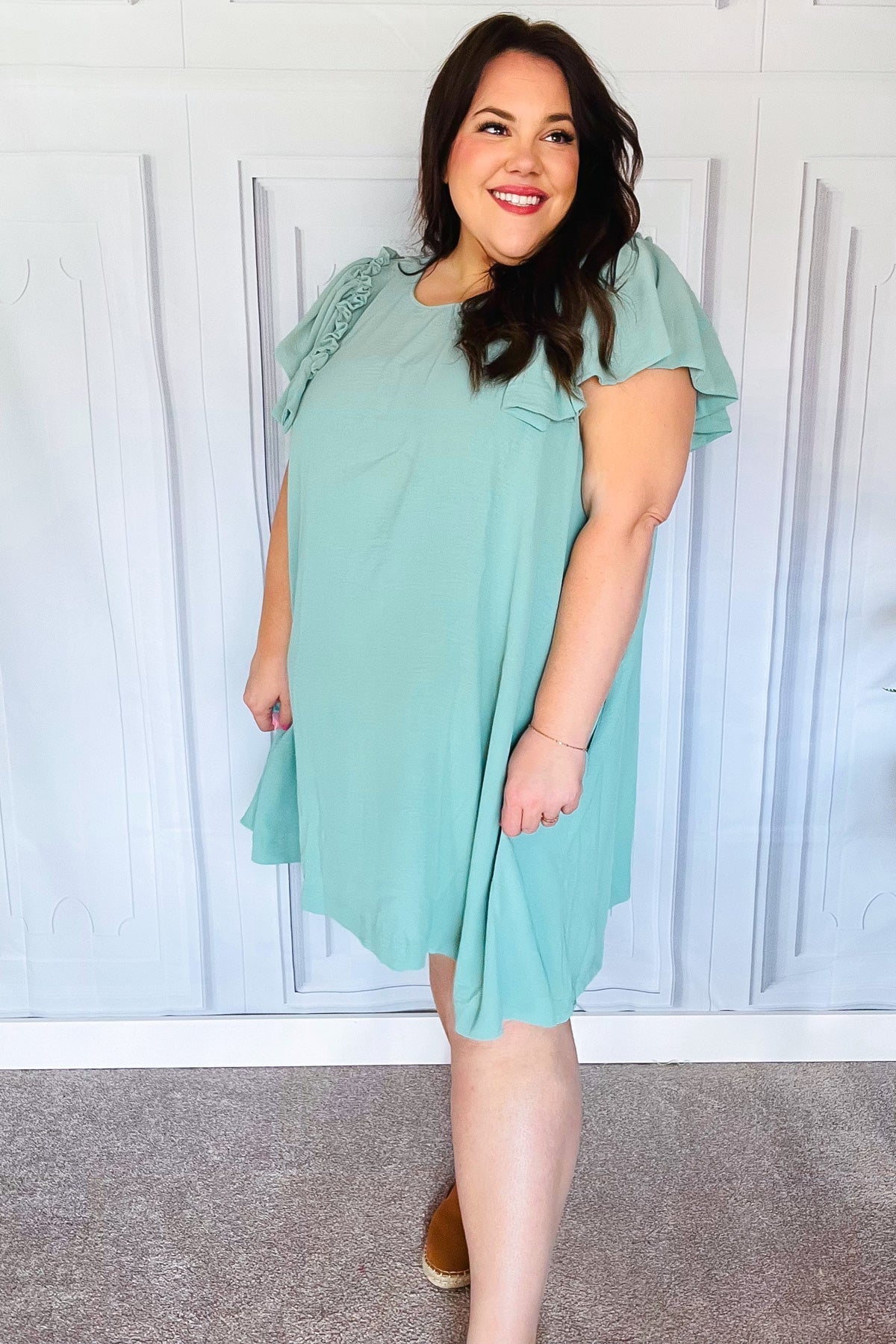 Out For The Day Sage Crinkle Woven Ruffle Sleeve Dress