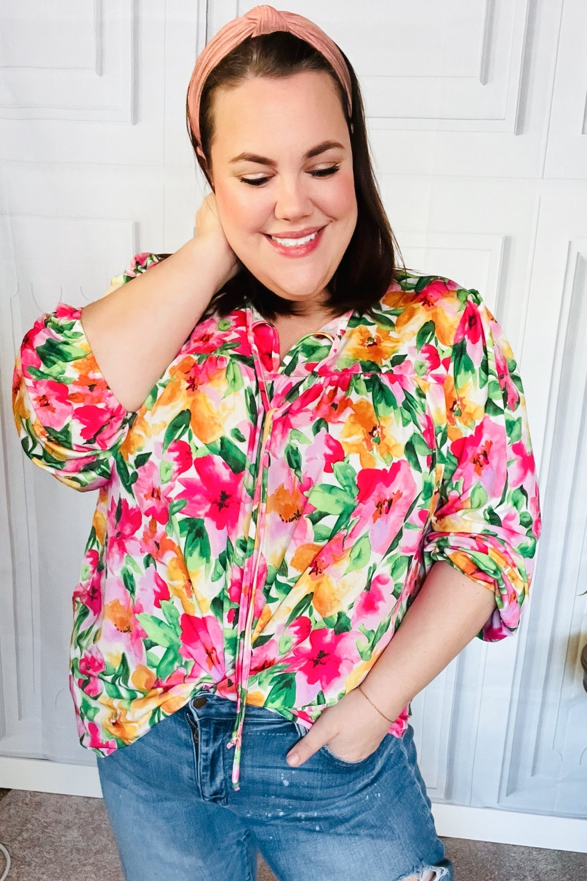 Pretty In Pink Watercolor Floral Yoke Tie Top