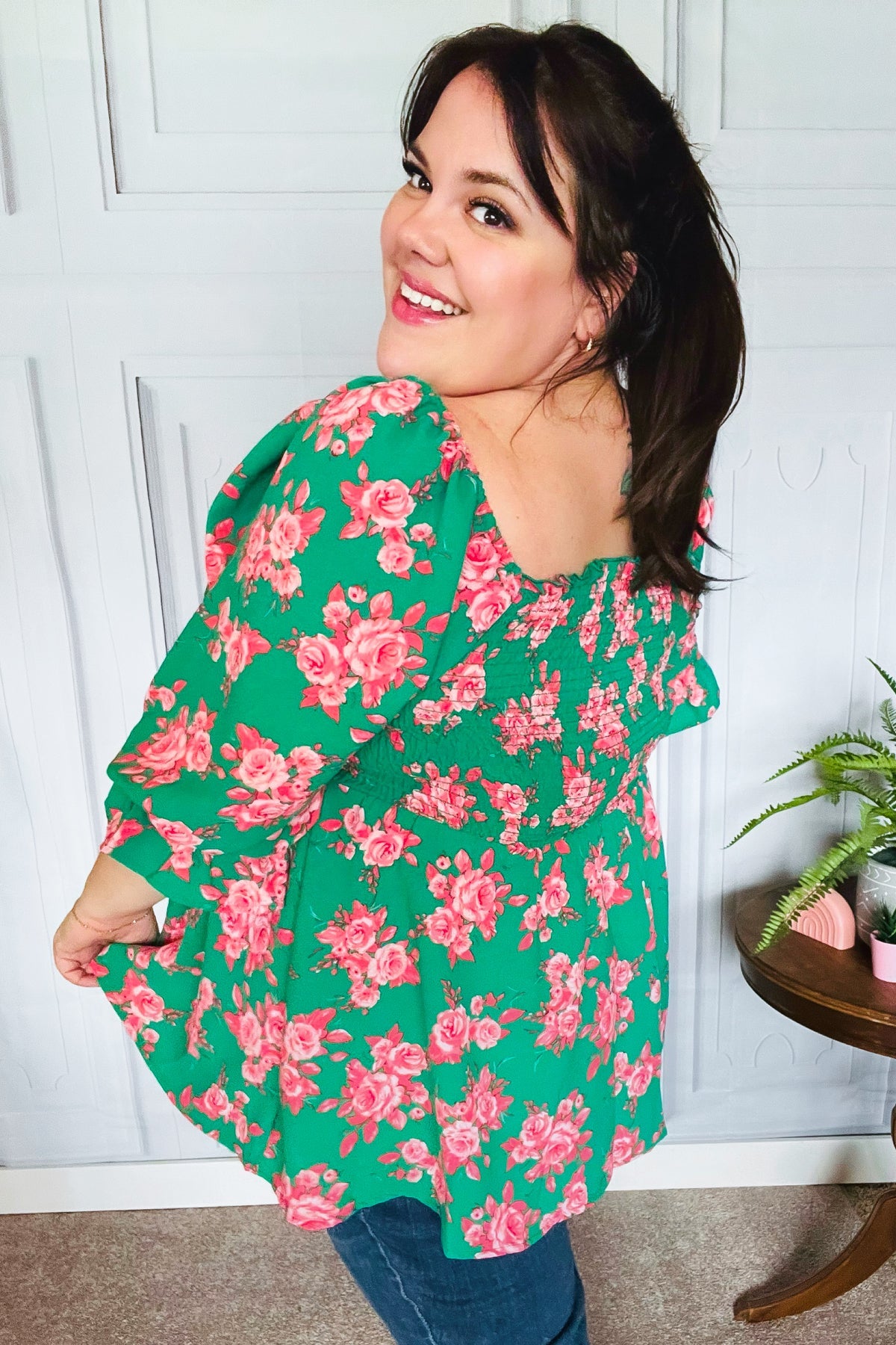 Sumptuous In Smocked Green & Coral Flower Print Babydoll Top