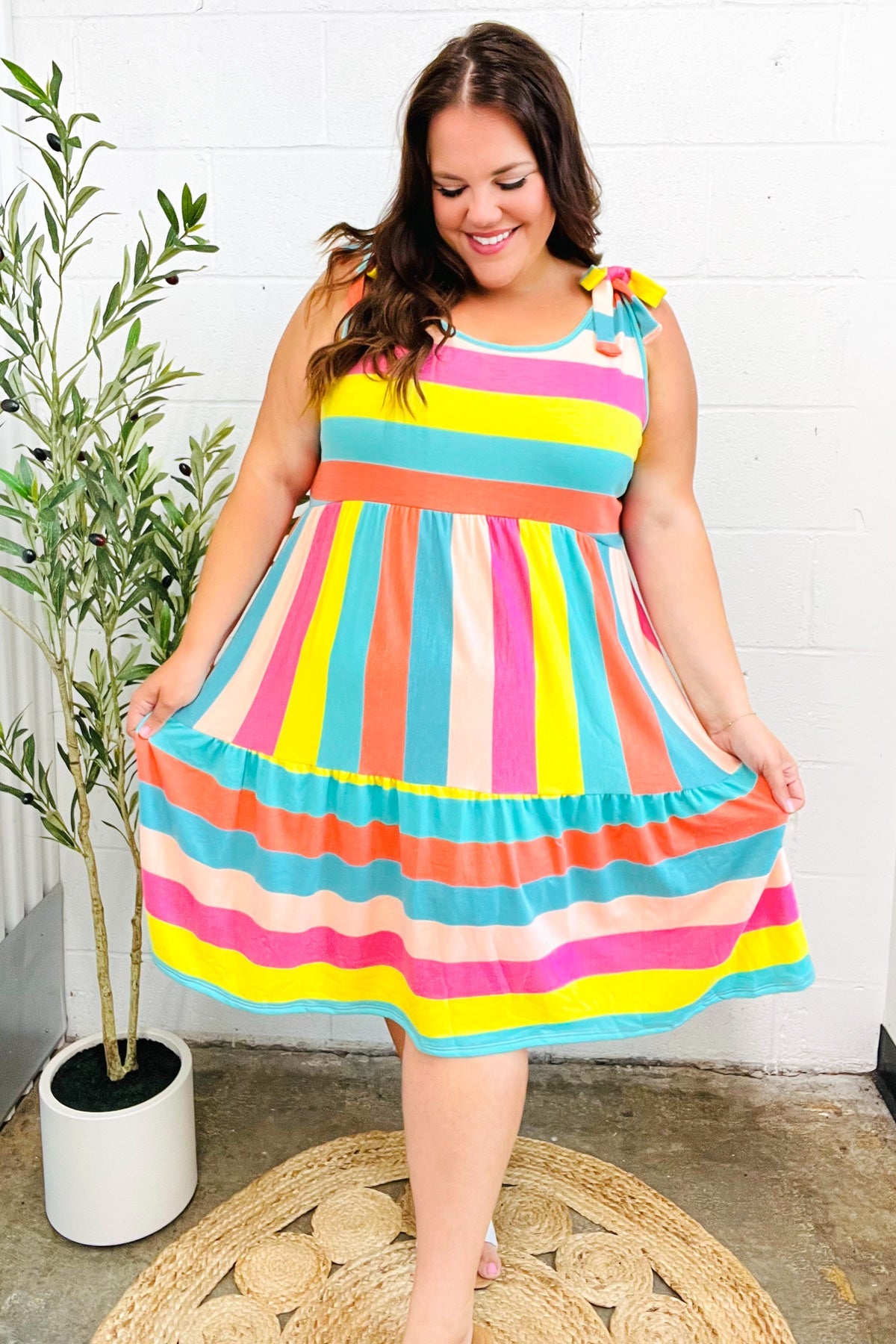 Start The Day Rainbow Stripe Shoulder Tie Tiered Dress