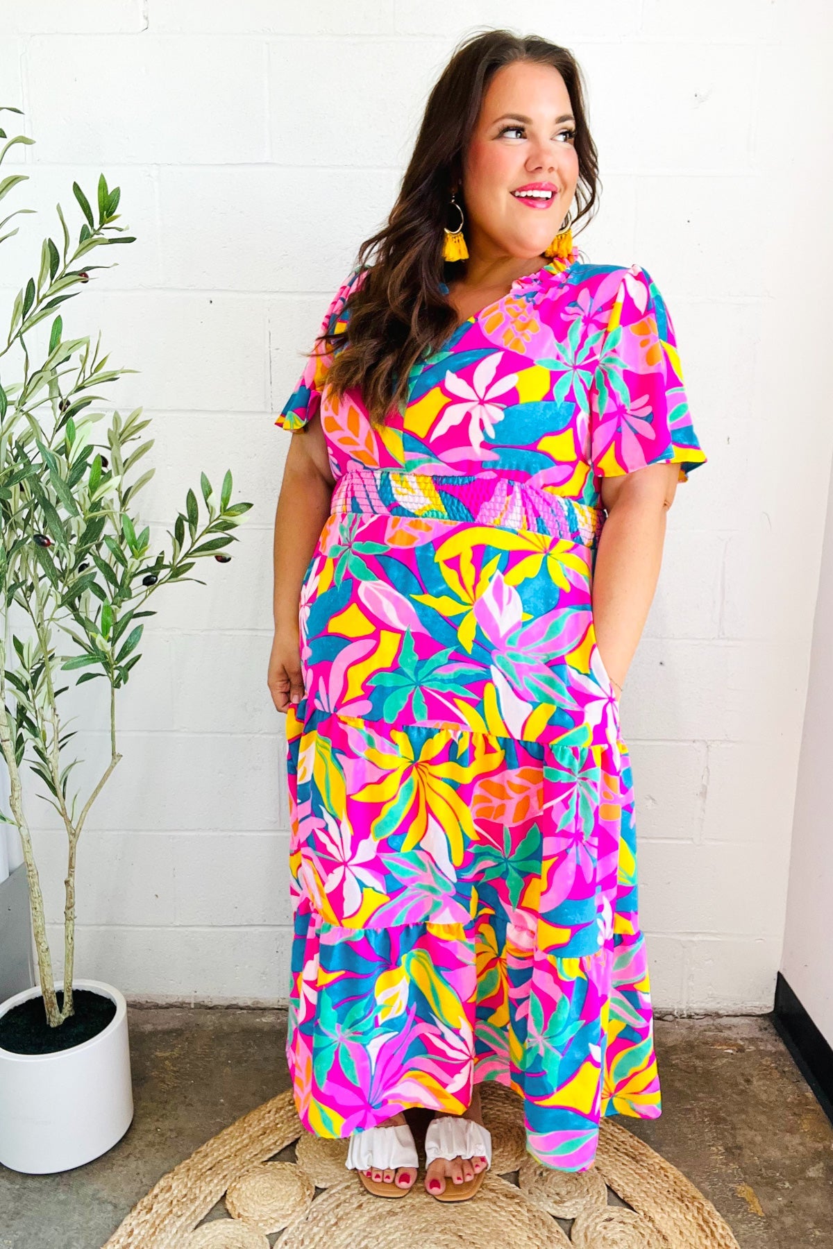 Tropical Trance Fuchsia Floral Smocked Waist Maxi Dress