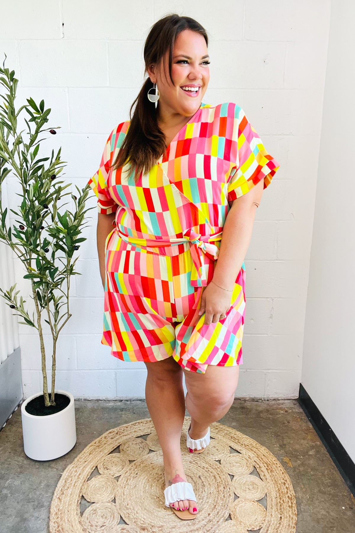 Eyes On You Coral Geo Abstract Surplice Woven Romper