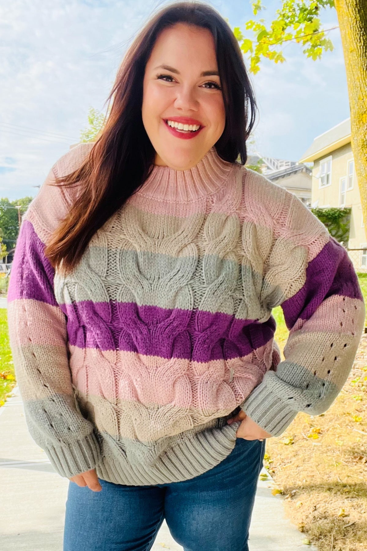 Fall For You Mauve Multicolor Stripe Cable Knit Mock Neck Sweater