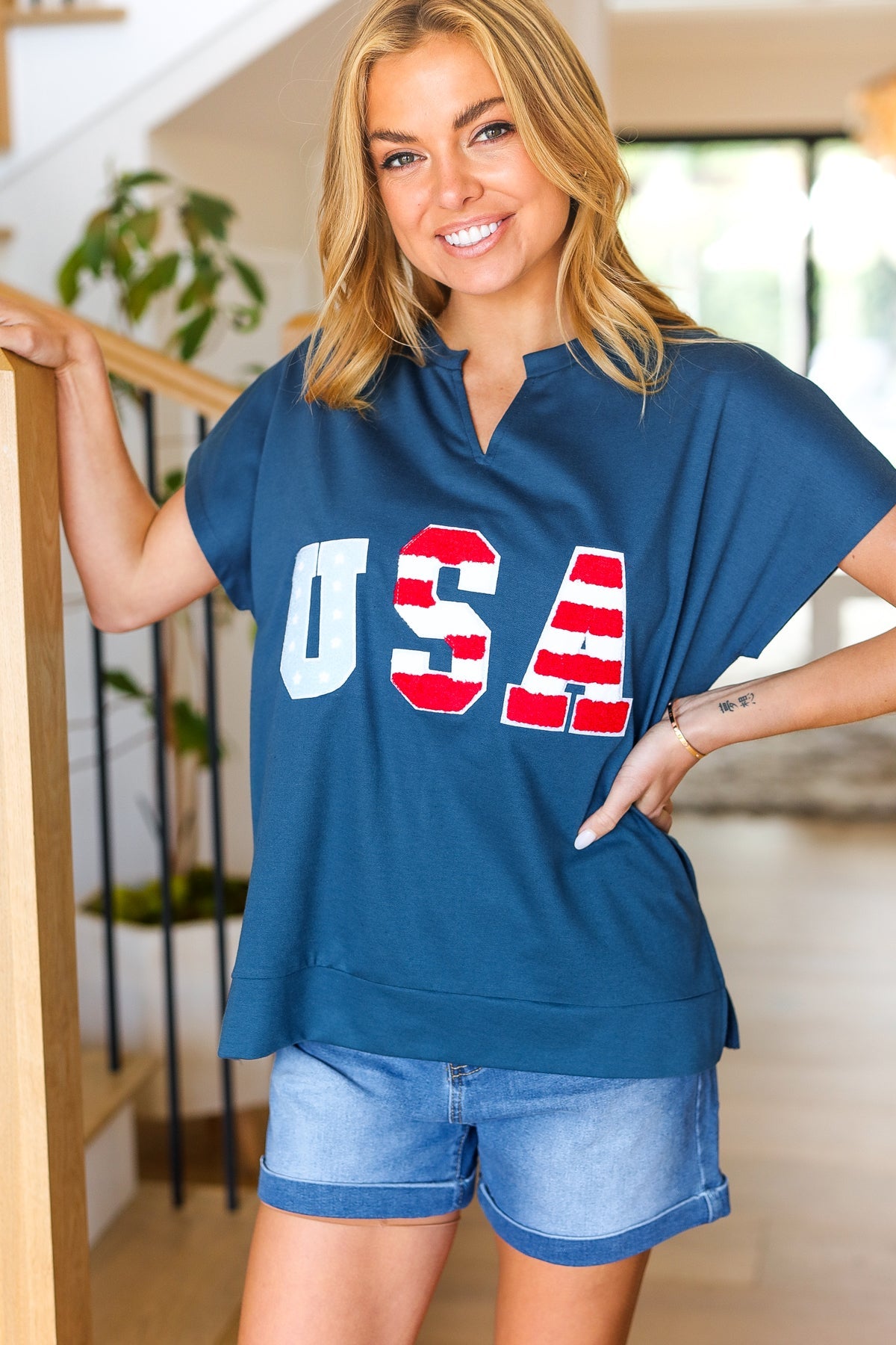 USA Navy Patch Notched Neck Dolman Top