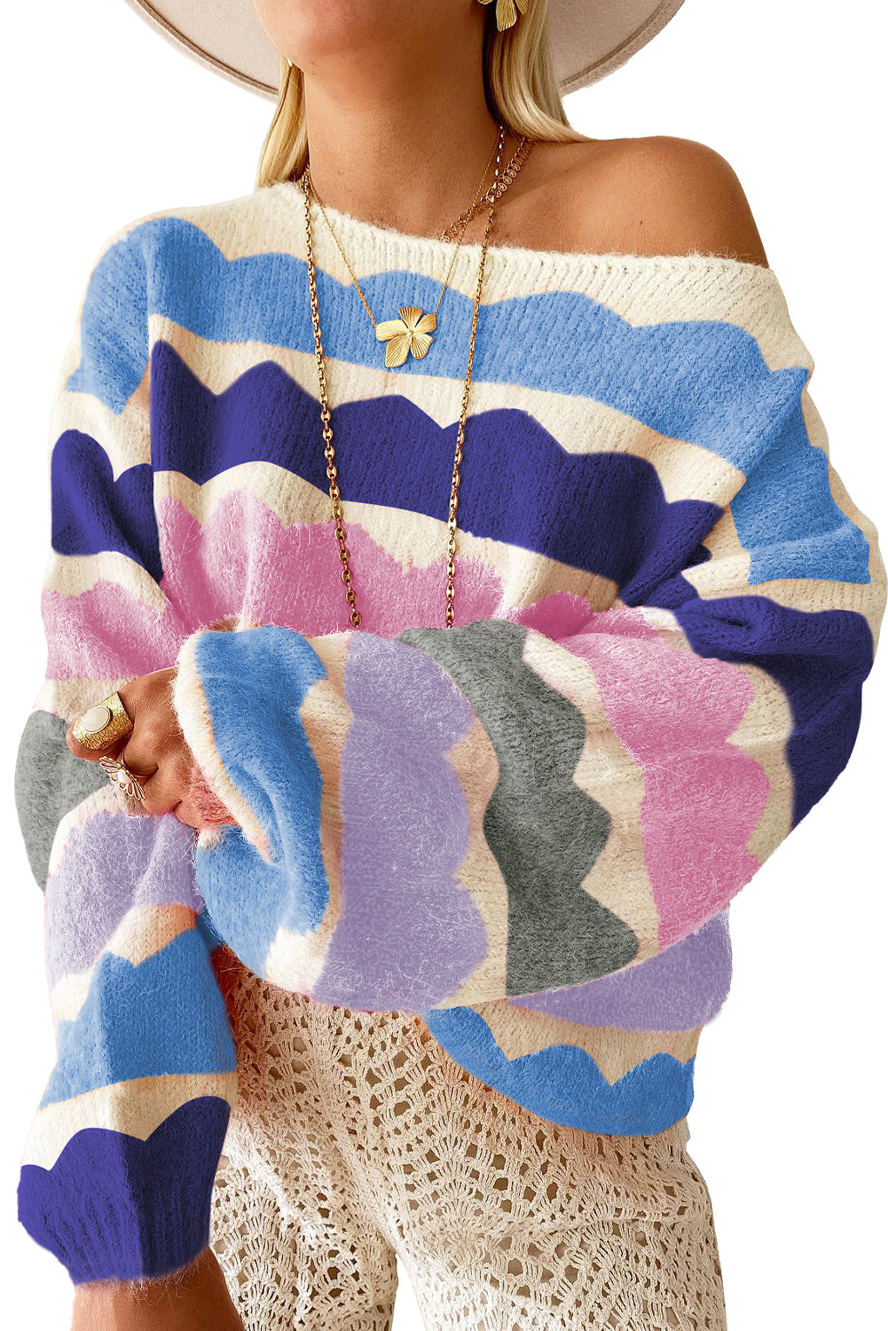 Yellow Wave Striped Balloon Sleeve Drop Shoulder Sweater