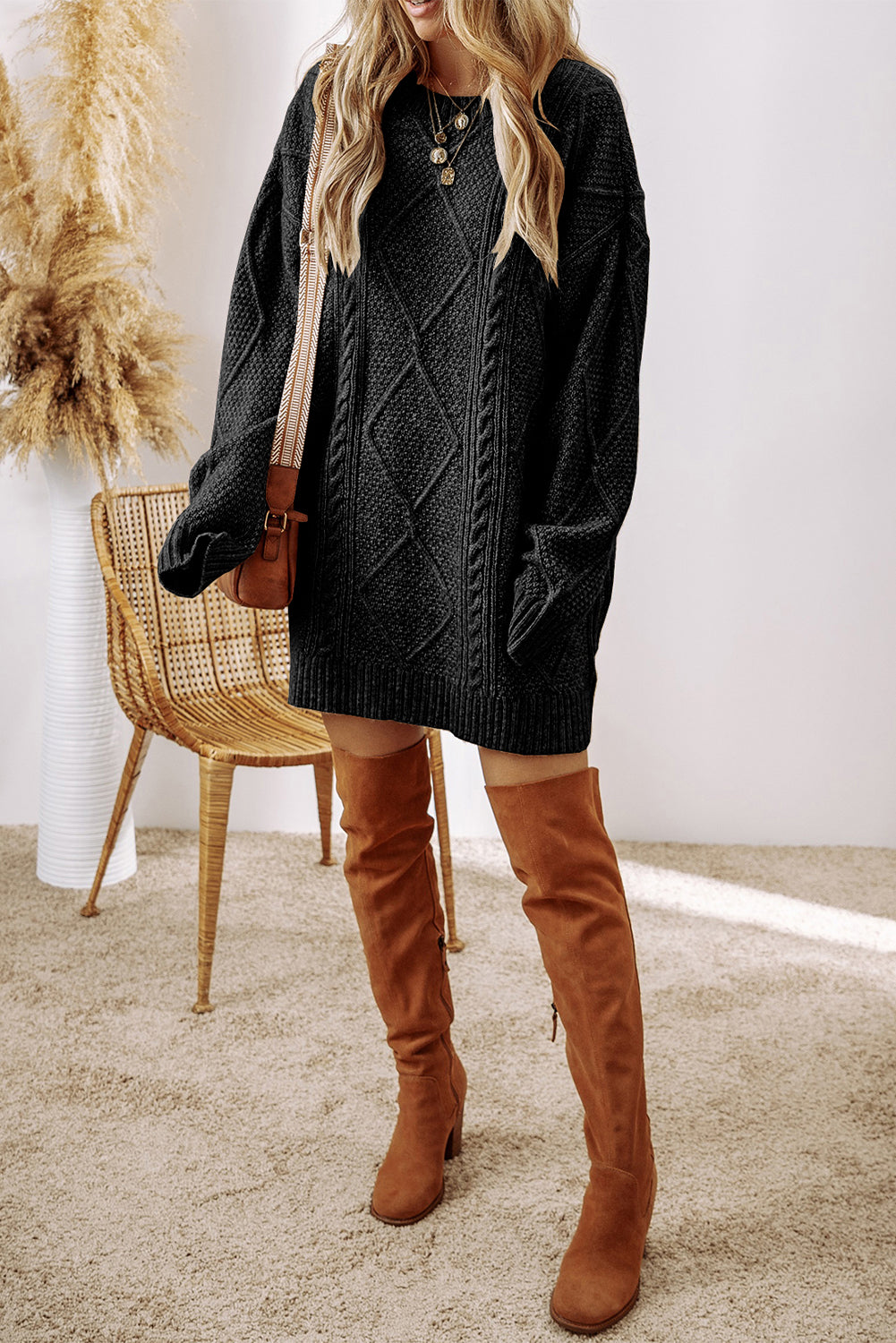 Black Twist Cable Knit Drop Shoulder Loose Fit Sweater Dress