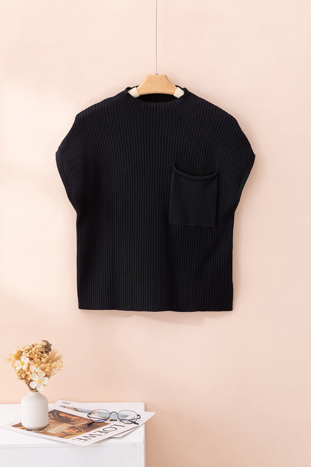 Black Patch Pocket Ribbed Knit Short Sleeve Sweater